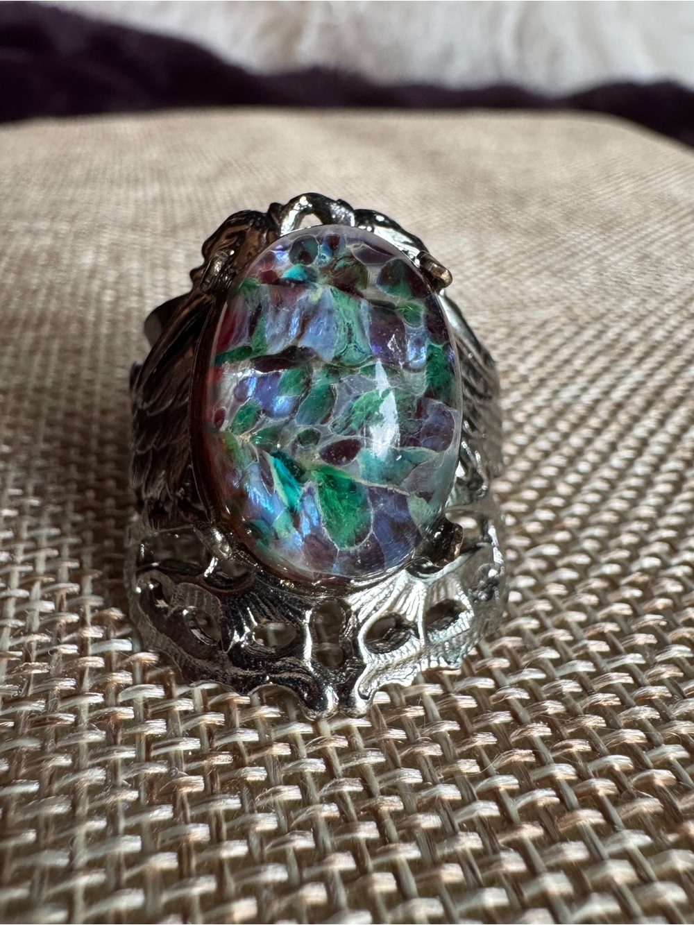 Vintage OOAK Multicolor Glass Oval Ring in Silver-Tone Setting Sz 6.5